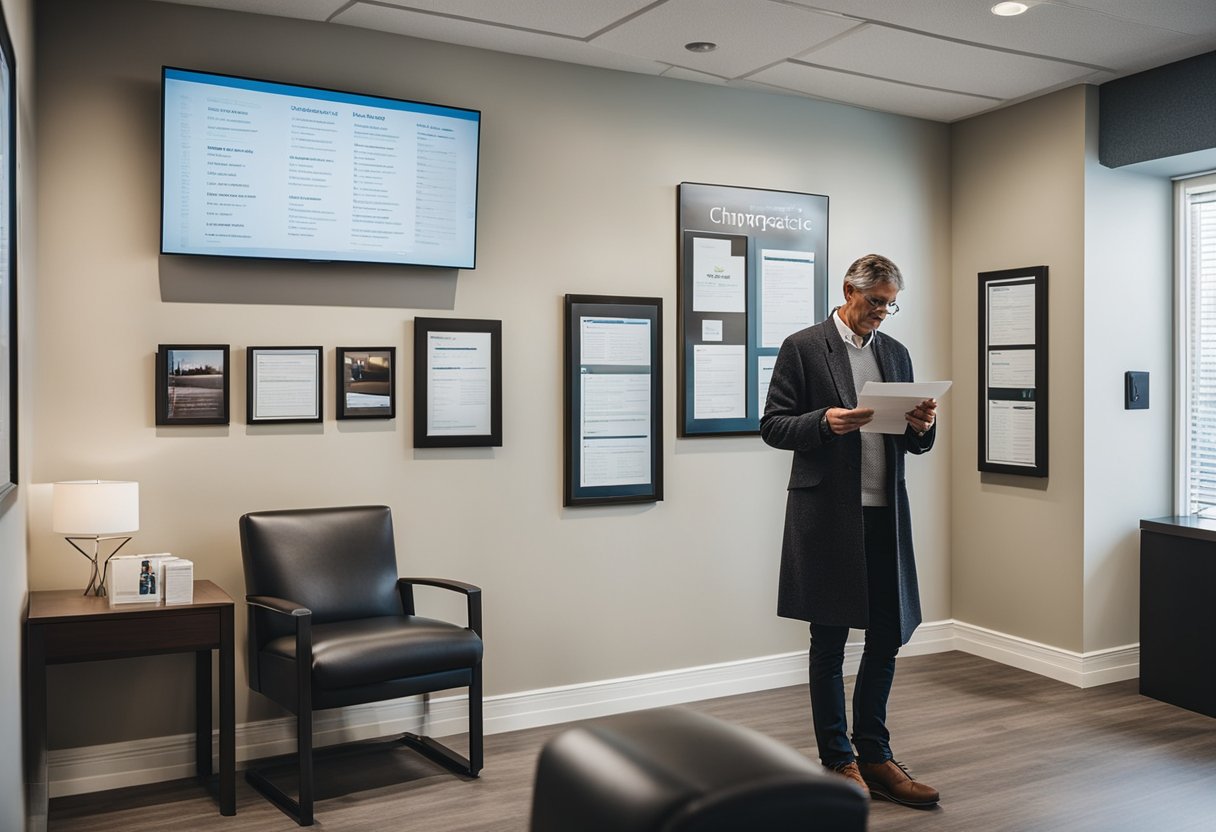 A person stands in a modern chiropractic office in Newmarket, browsing through a list of chiropractors. The office is bright and welcoming, with comfortable seating and informational brochures on the walls