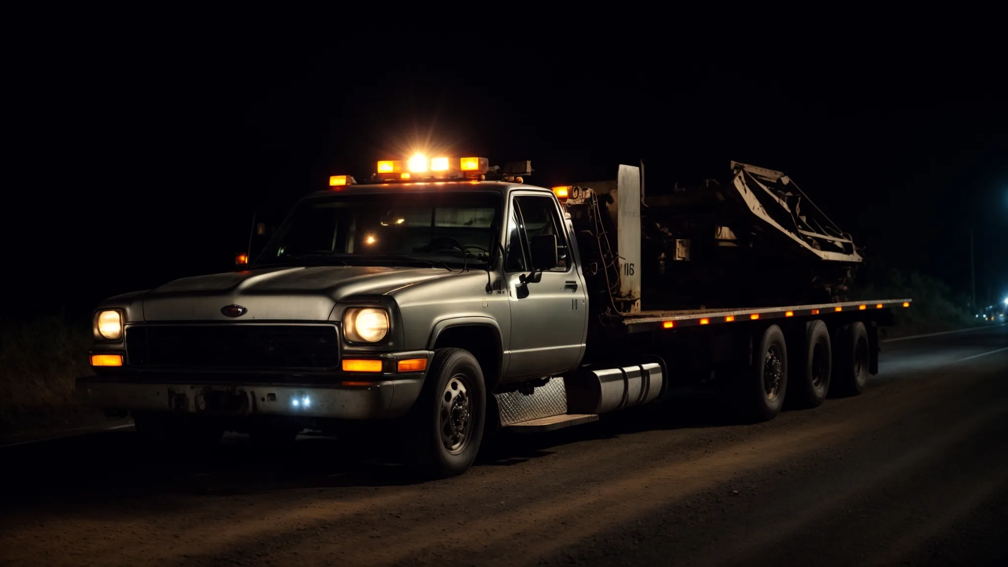 a tow truck hauling a broken-down car at night, with its lights flashing, providing assistance in the dark.