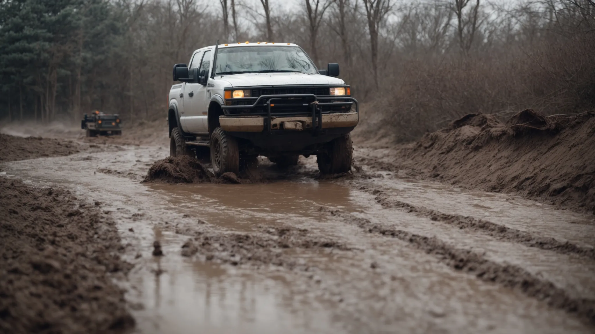 a vehicle is stuck in a large, muddy patch while a tow truck with a mounted winch prepares to pull it free.