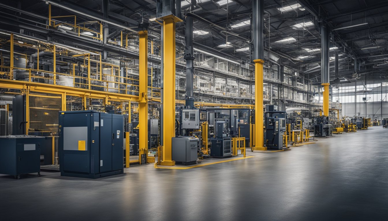 A busy industrial site with various electrical equipment being installed, maintained, and repaired by professional contractors