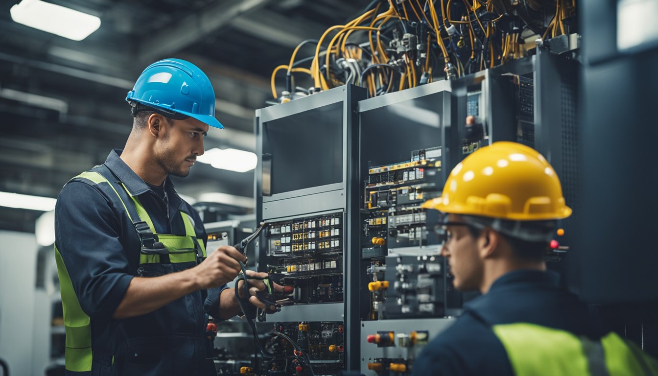 An industrial electrician working on complex machinery, surrounded by advanced electrical systems and tools
