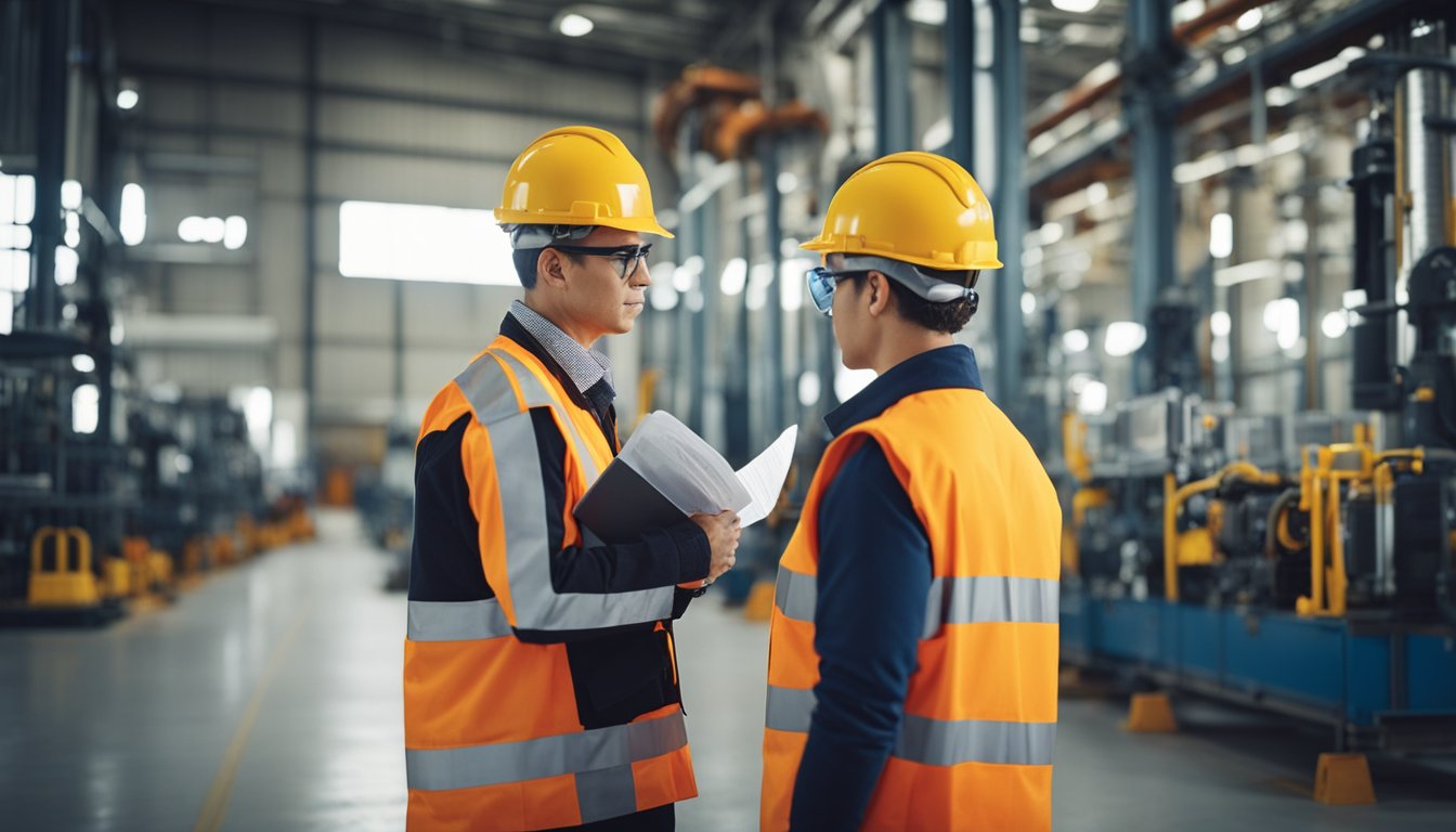 Industrial site with workers wearing safety gear. Electrical contractors inspecting equipment and ensuring compliance with regulations. Signs and labels indicating safety procedures