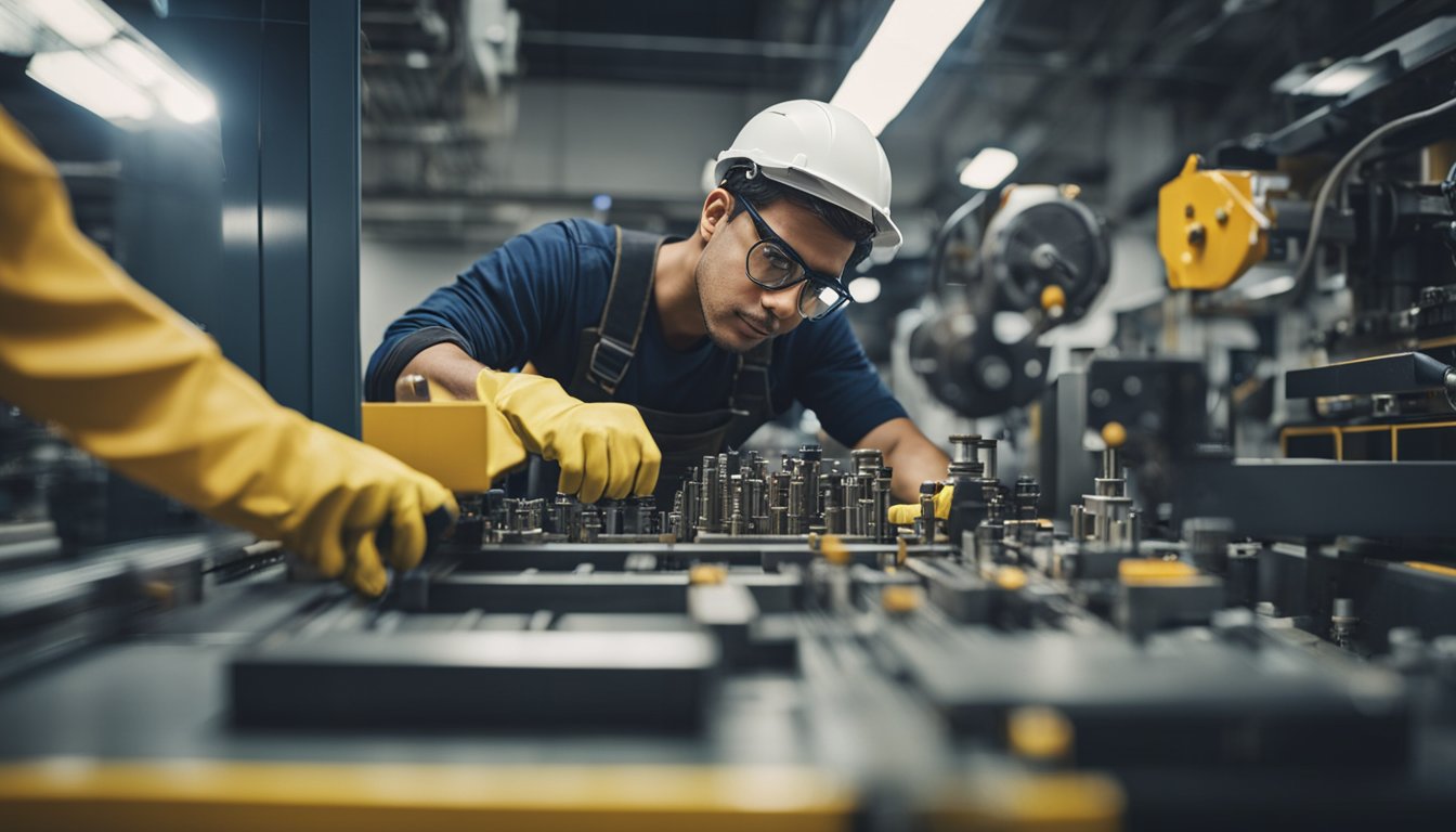 An industrial electrical contractor working on complex machinery, surrounded by organized tools and equipment, demonstrating precision and expertise