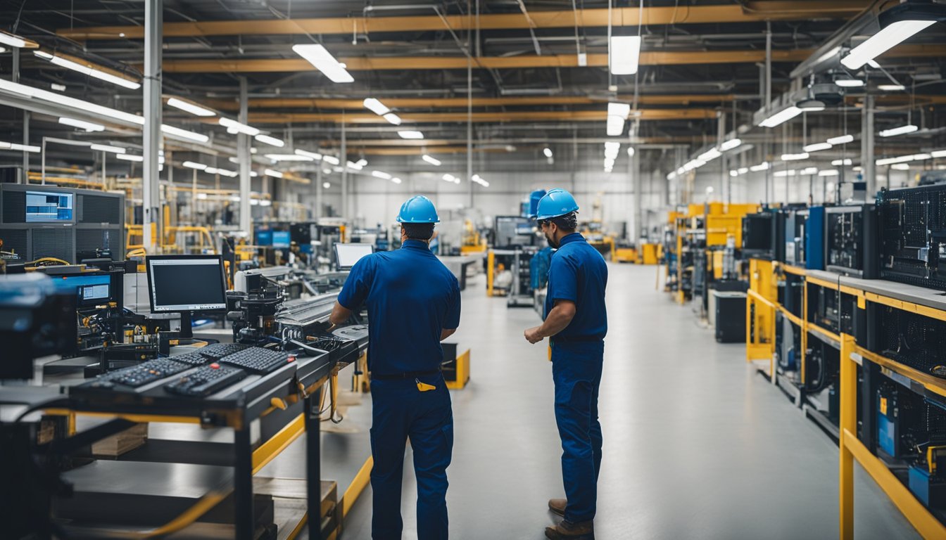 A warehouse filled with high-tech machinery and tools, with industrial electrical contractors working on complex wiring and equipment installations