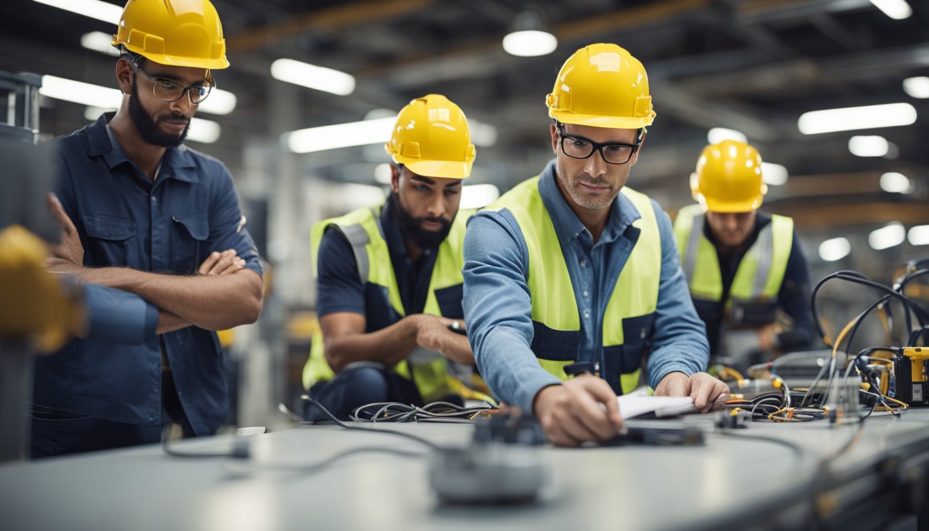 A group of industrial electrical contractors working on various cost-effective solutions, showcasing their expertise and efficiency in a large industrial setting