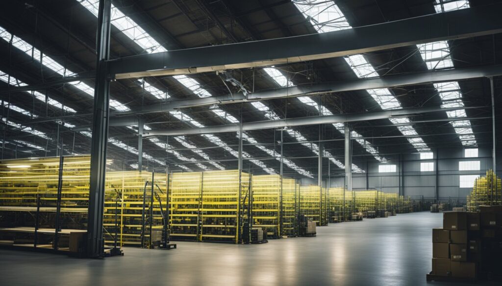 Harsh fluorescent light floods the cavernous warehouse, casting stark shadows on towering shelves and machinery