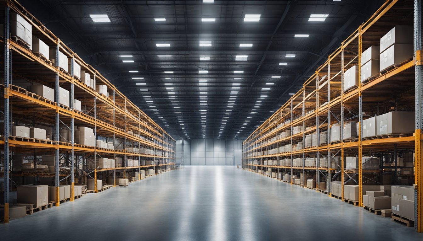 A large industrial warehouse with high ceilings, filled with rows of shelves and equipment. Bright, uniform lighting illuminates the entire space