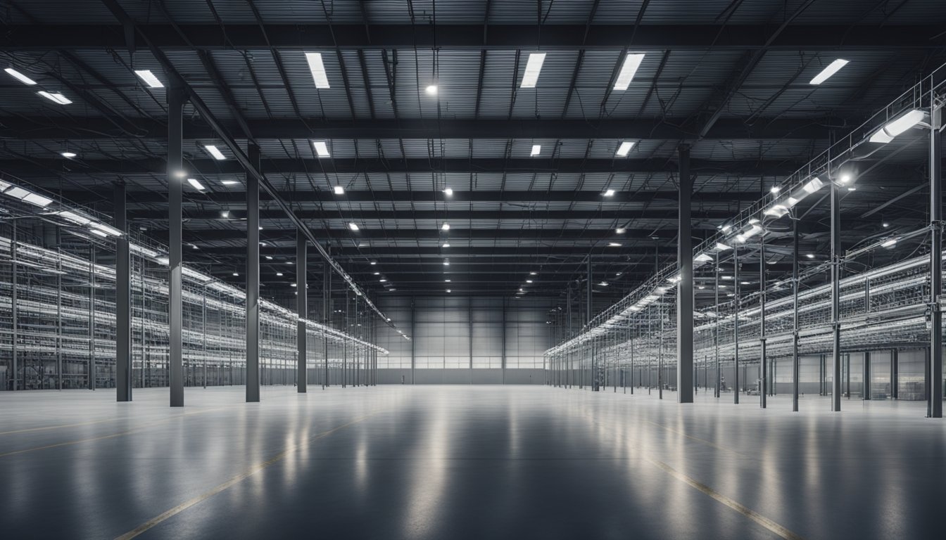 A large industrial warehouse with high ceilings, rows of energy-efficient LED lights illuminating the space, casting a bright and even glow over the machinery and storage racks