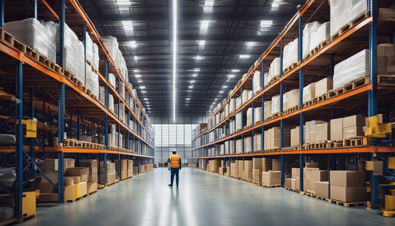 A brightly lit industrial warehouse with high ceilings, clear pathways, and well-organized storage areas, with workers efficiently moving products with the help of clear and consistent lighting