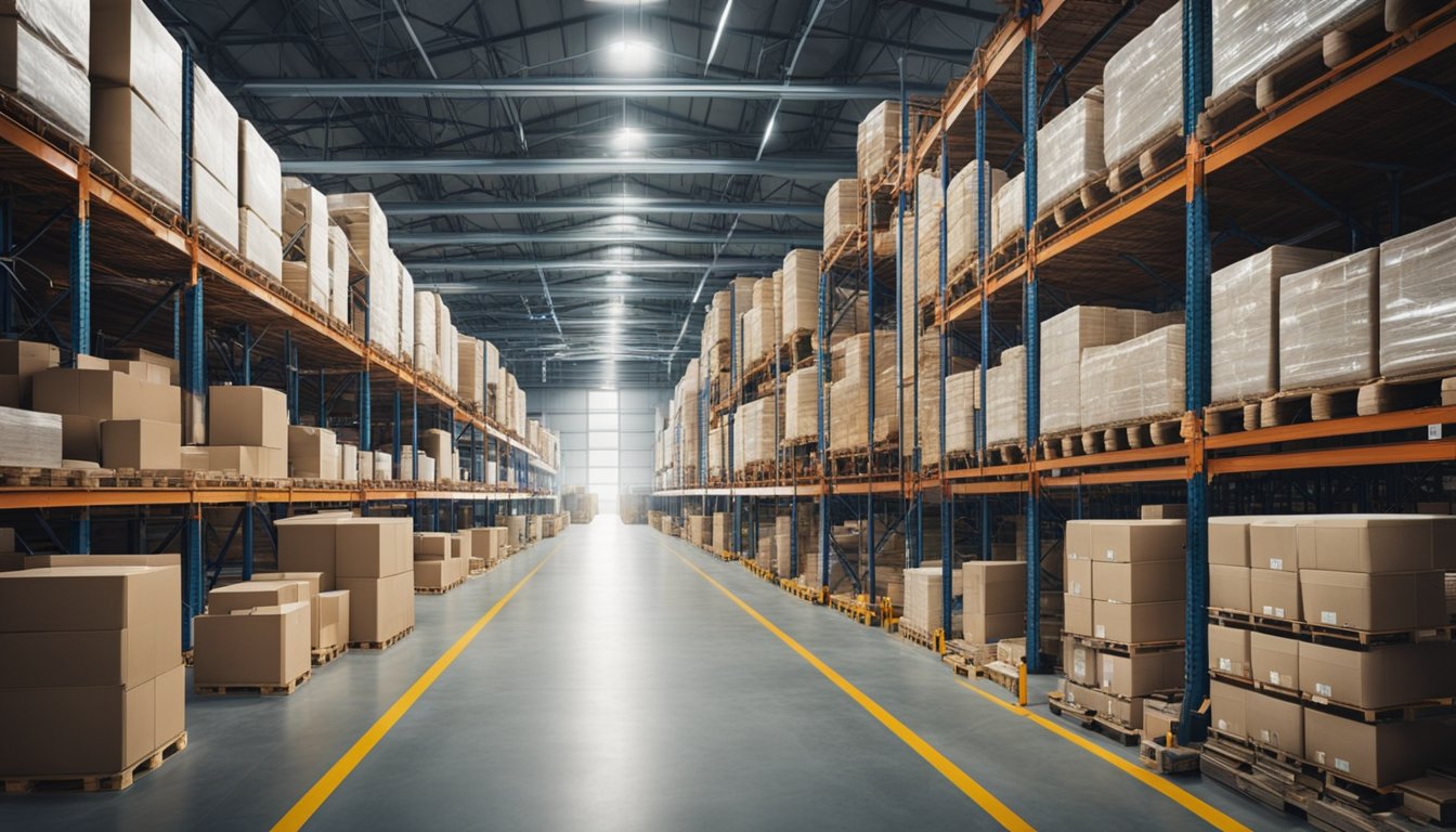 A vast industrial warehouse filled with advanced lighting technologies, casting a bright and uniform glow across the spacious interior