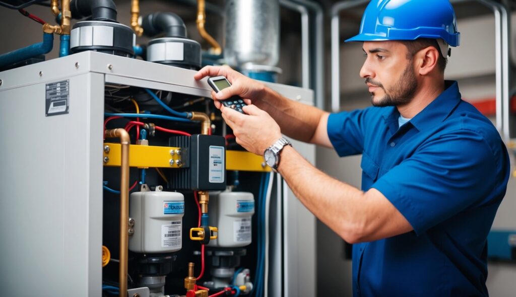 A technician demonstrating refrigeration system components and maintenance procedures