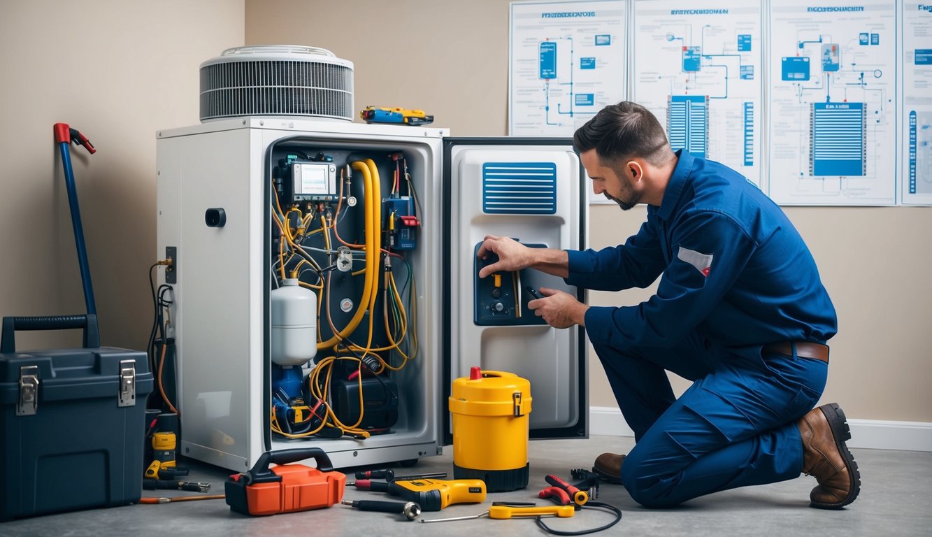 A technician repairing a refrigeration unit, surrounded by various tools and equipment, with diagrams and charts of refrigeration systems on the wall
