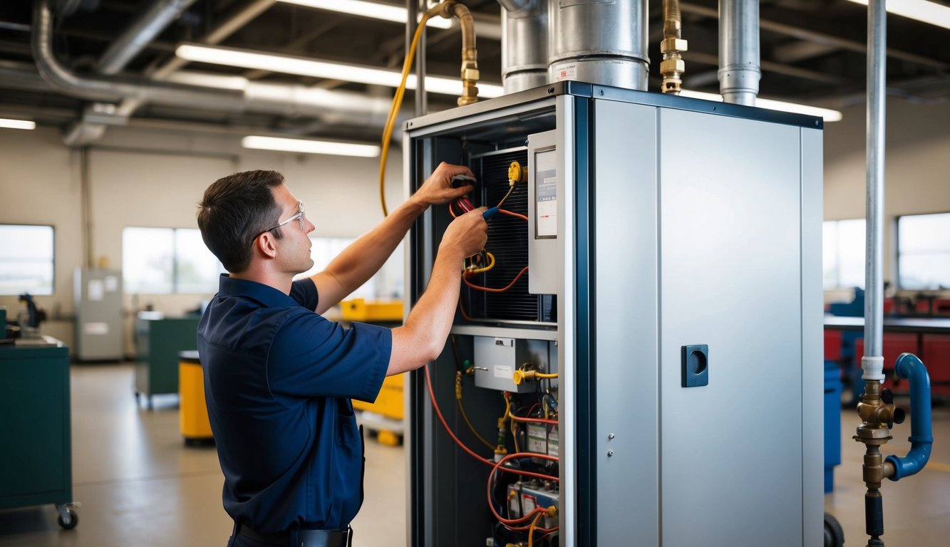 A technician repairing a large industrial refrigeration unit in a training facility