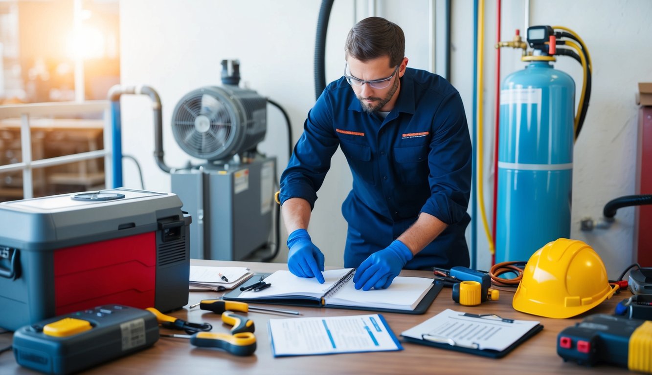 A technician attending a refrigeration training course, surrounded by various equipment, tools, and instructional materials