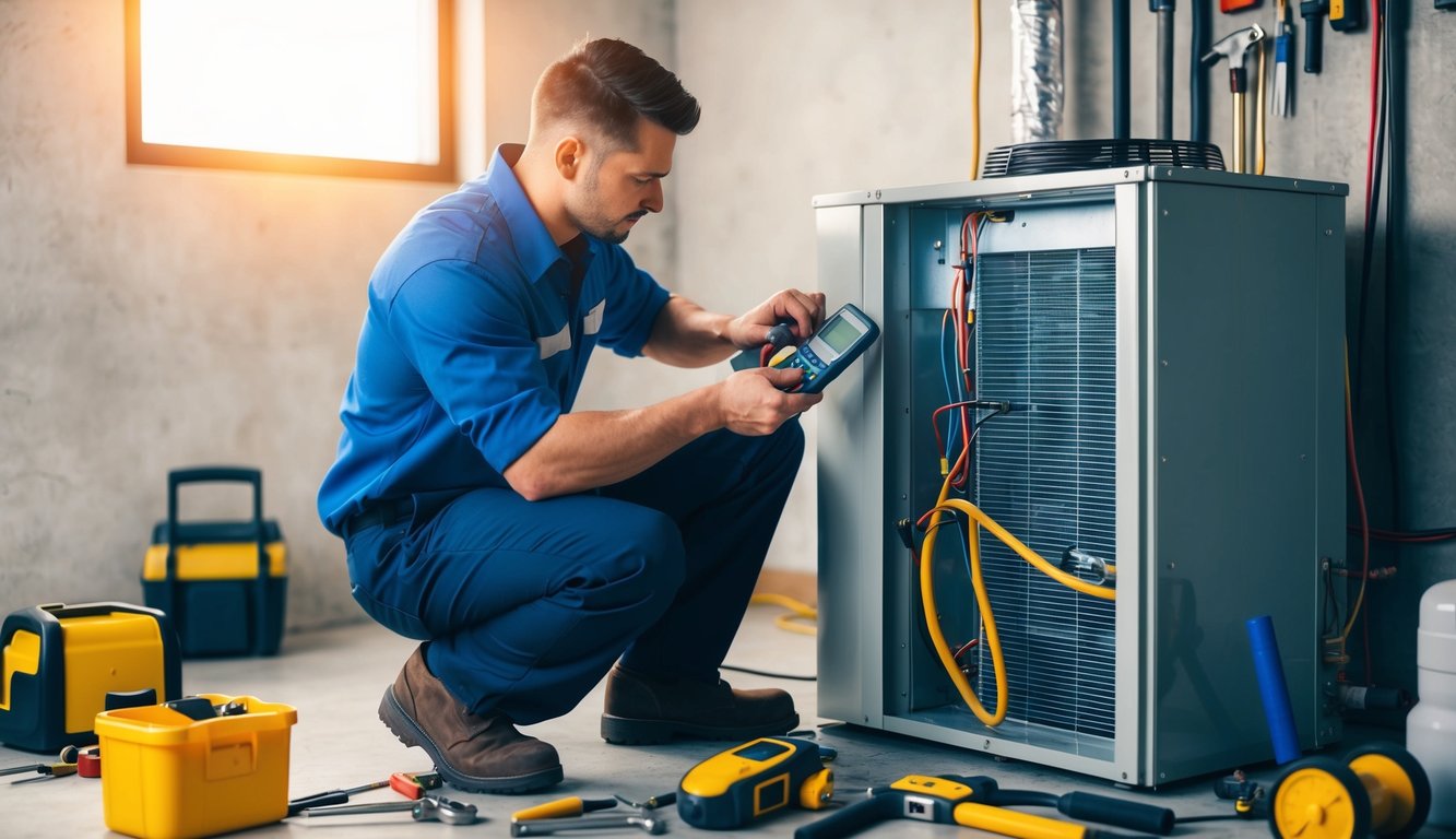 An HVACR technician repairing a refrigeration unit with various tools and equipment scattered around the work area