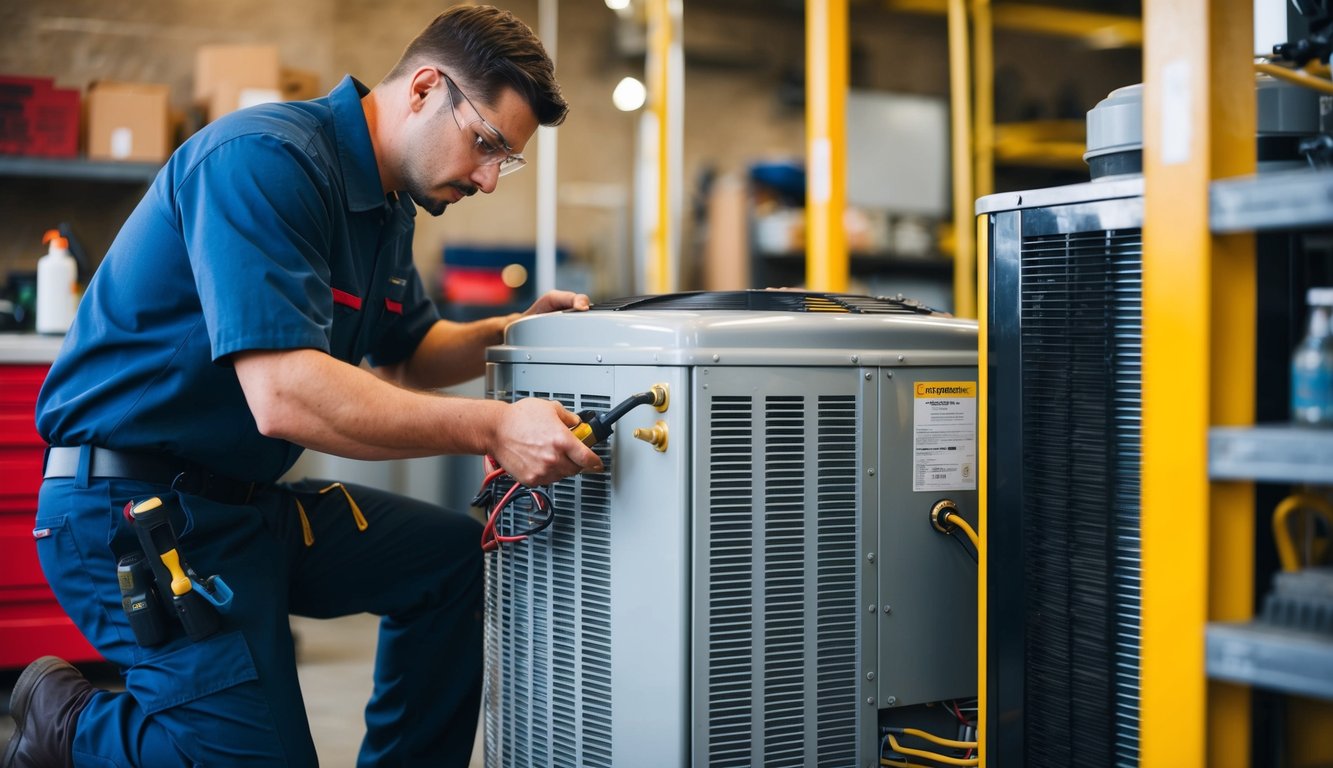 A technician repairing a commercial refrigeration unit in a workshop setting