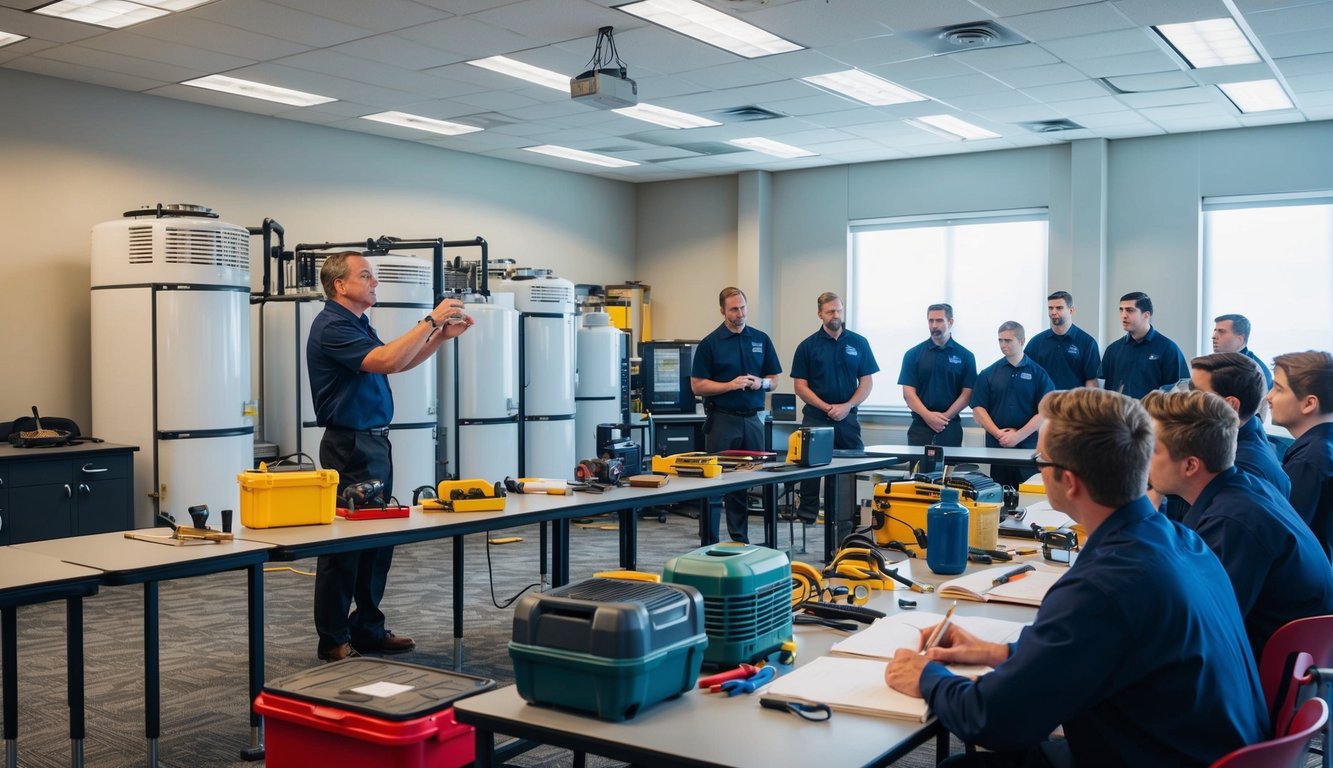 A classroom filled with refrigeration equipment, tools, and instructional materials. An instructor demonstrates techniques while students listen and observe