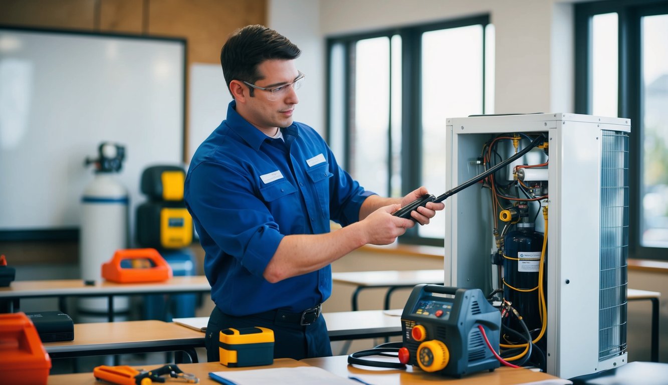 A technician demonstrating refrigeration techniques with various equipment and tools in a classroom setting