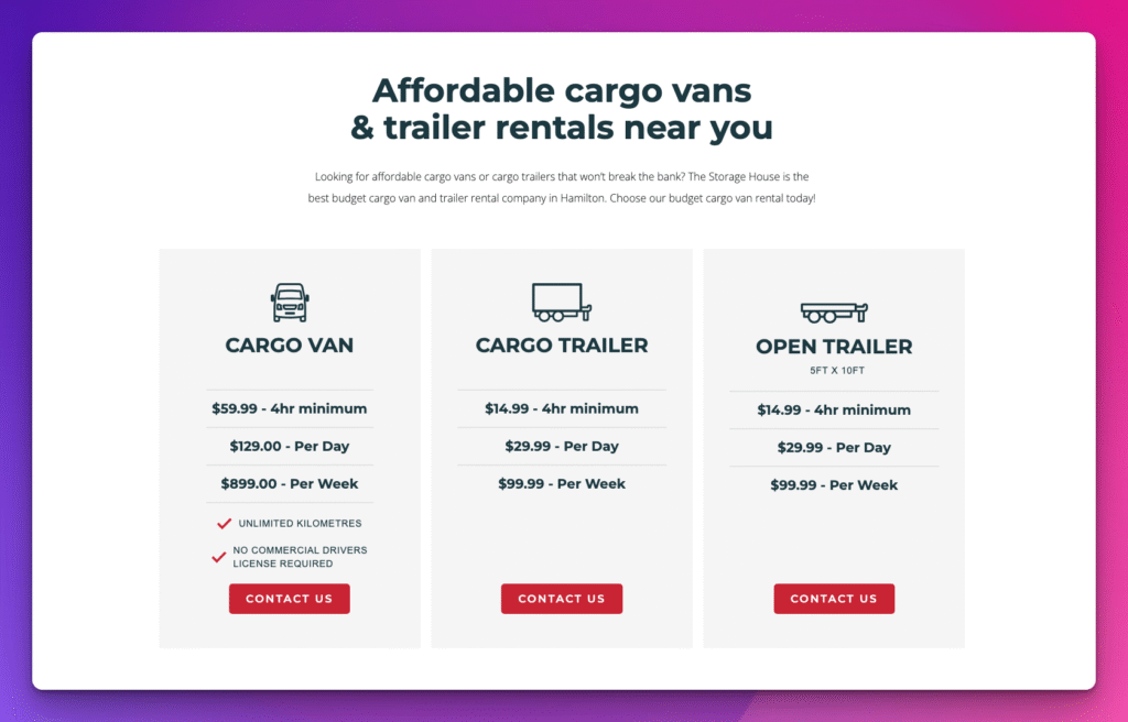 Rental Pricing Chart