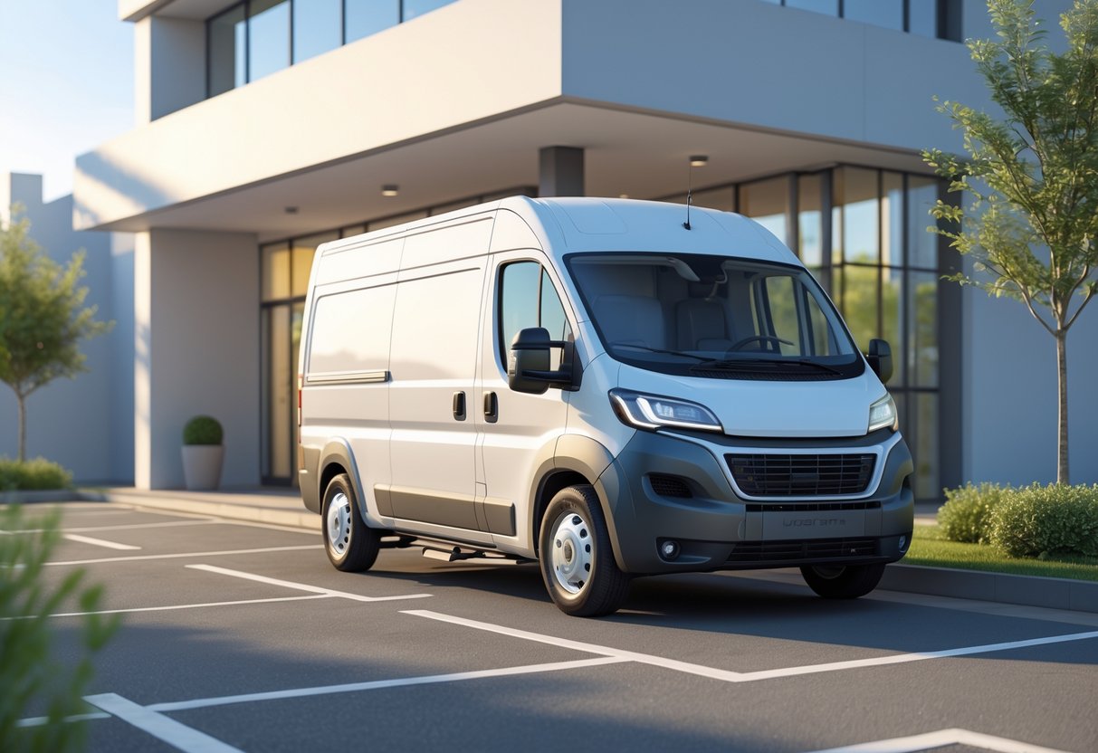 A white cargo van parked outside a modern rental office building with glass windows and greenery around.