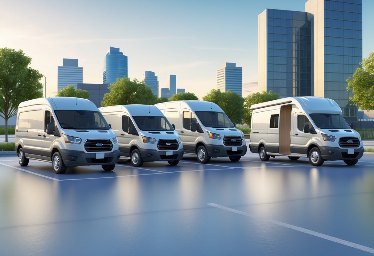 A variety of vans of different sizes and types parked in a city lot with buildings and trees in the background.