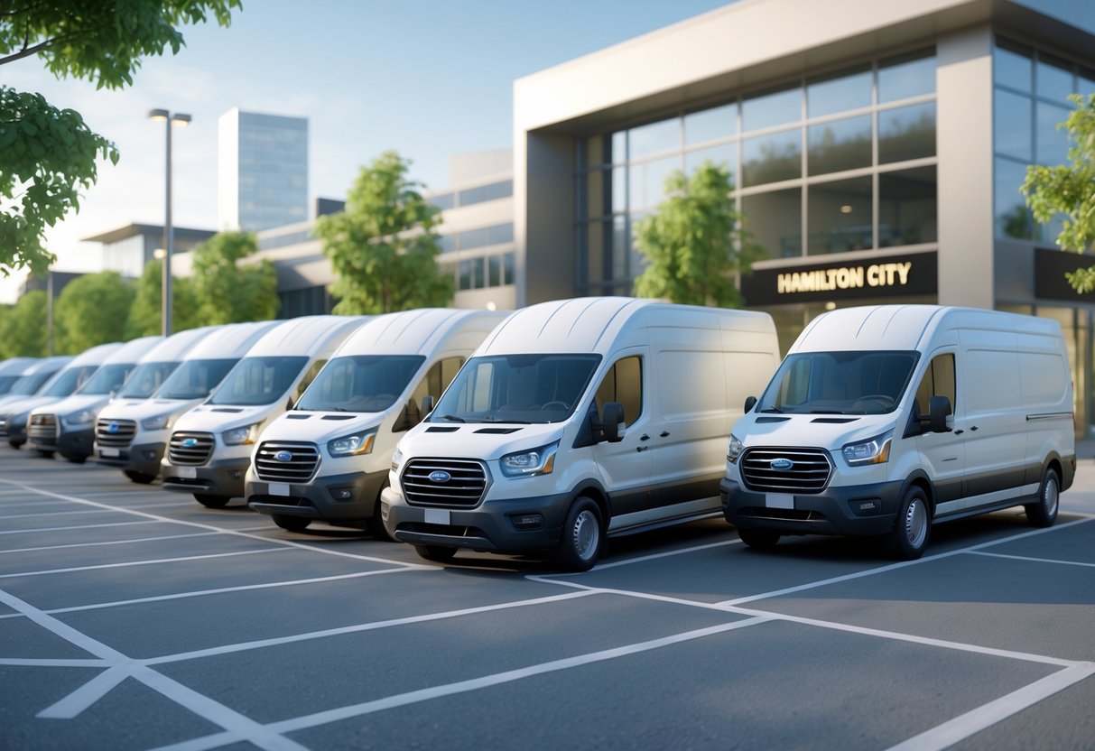 A parking lot with multiple vans parked in front of a rental office building in an urban area.