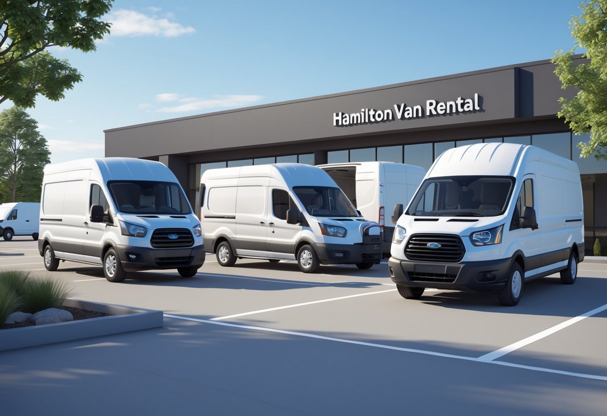 A parking lot with several different types of vans parked outside a van rental facility.