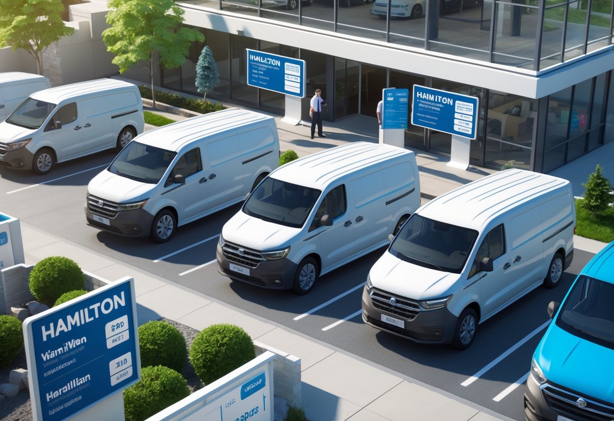 A parking lot with several rental vans and a rental office building in the background on a sunny day.
