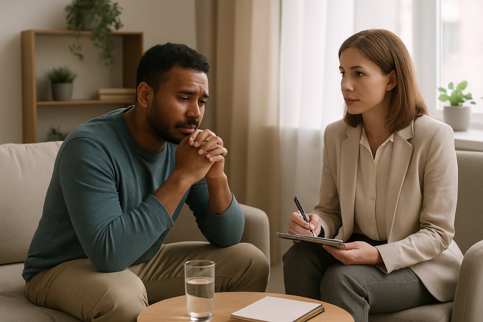 A counsellor and client sitting in a therapy room during an addiction counselling session, engaged in a supportive conversation.