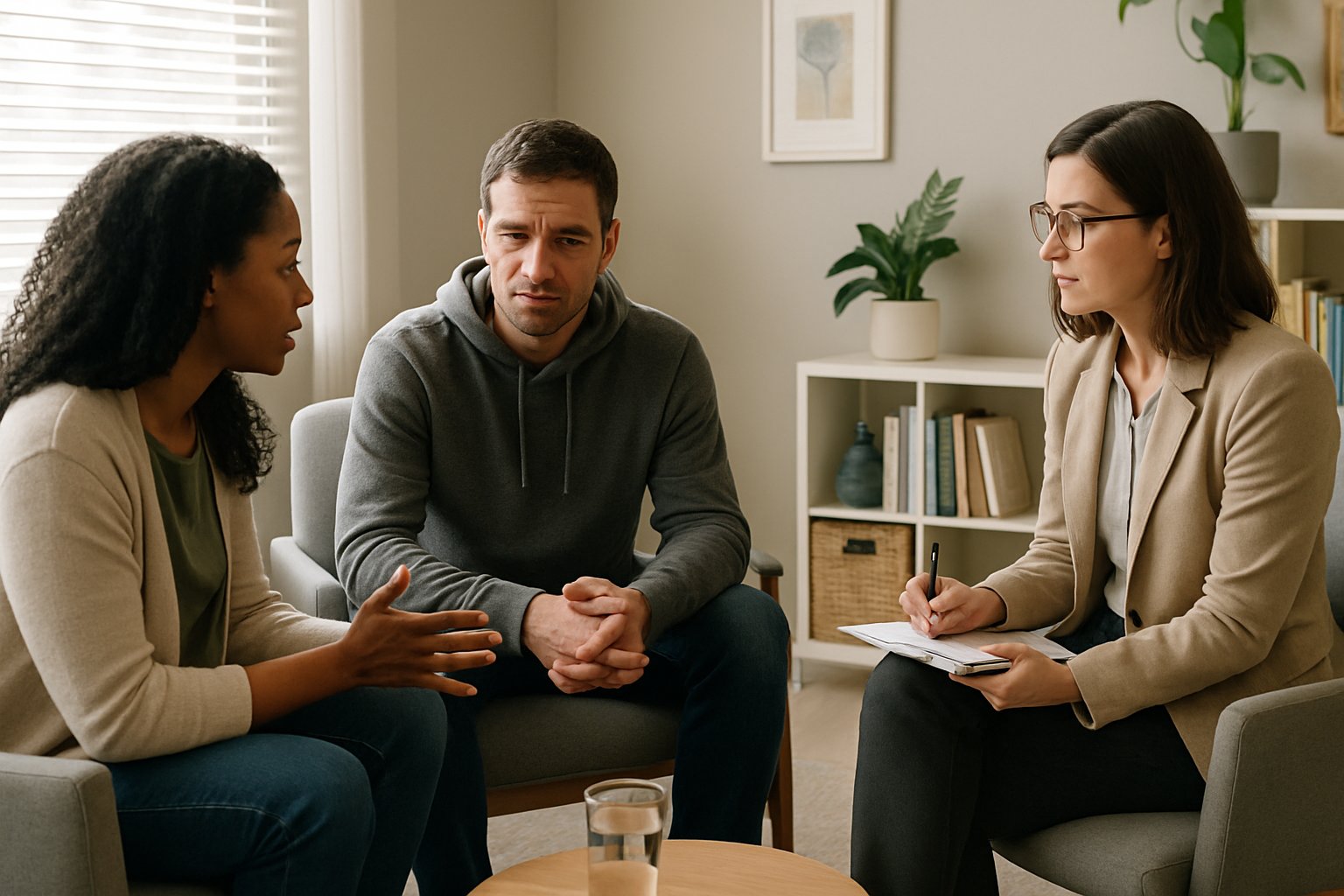 Three adults in a counseling session in a bright office, with one counselor listening to two clients sitting in a circle.