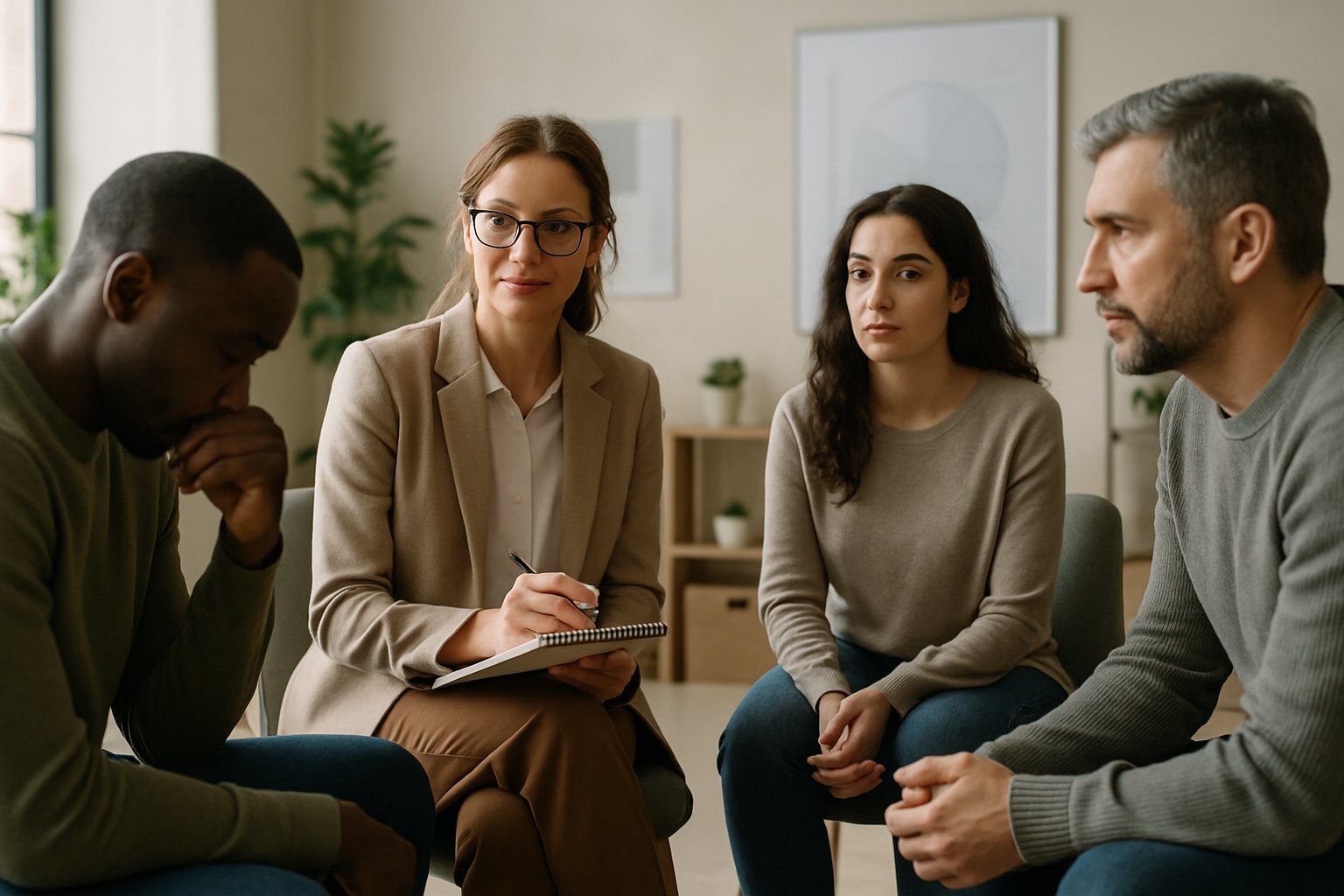 A group therapy session with a counselor and several adults sitting in a circle in a bright, comfortable room.