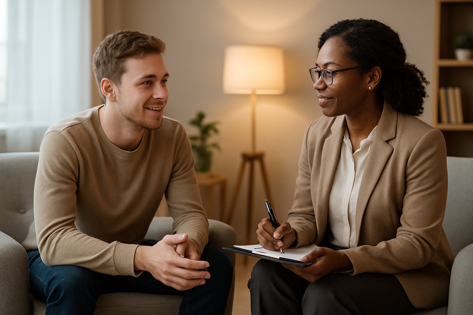 A counselor attentively listening to a young adult client during an addiction recovery session in a calm office setting.
