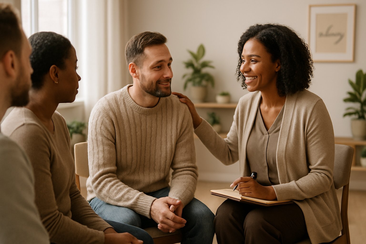 A counselor attentively talking with a client in a bright, comfortable room during a recovery counseling session.