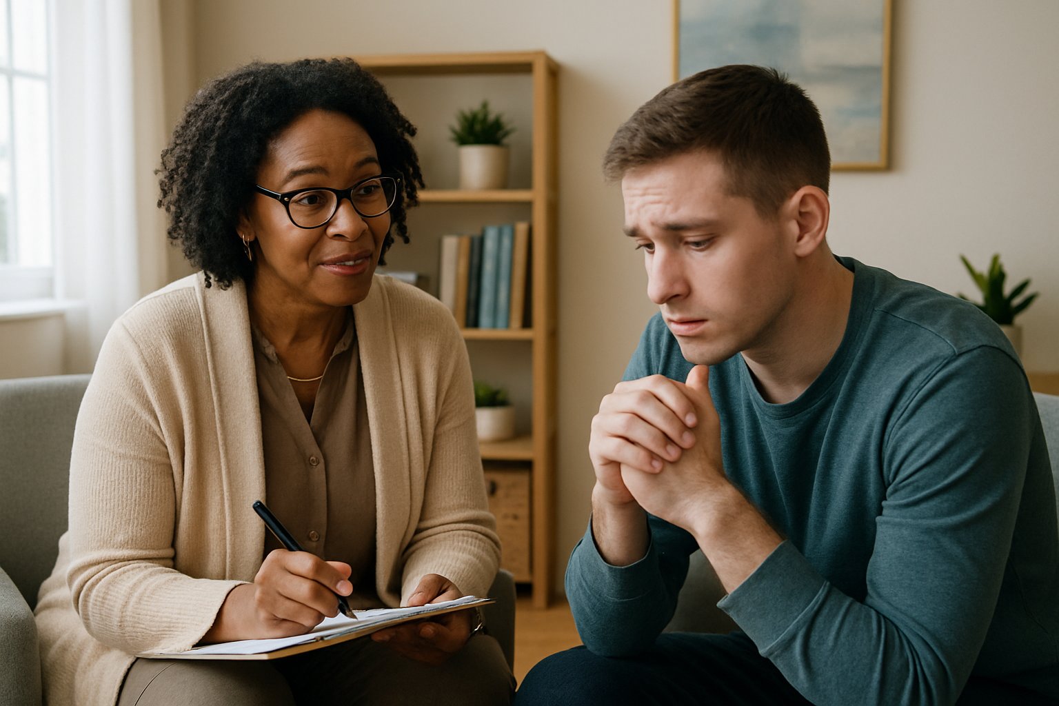 A counselor and a young adult client having a supportive conversation in a counseling office.