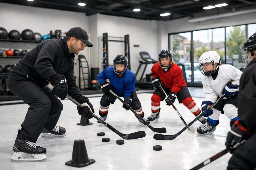 Youth hockey players practicing skills on an indoor rink