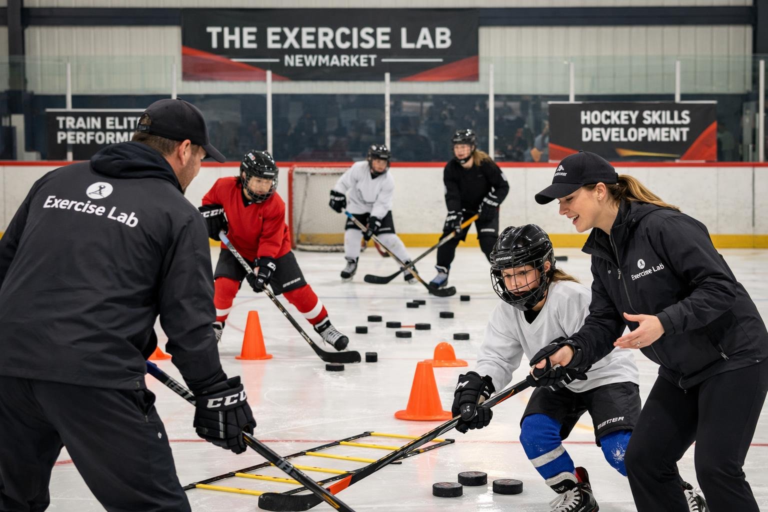 Young hockey players practicing skills with coaches at an indoor sports facility.