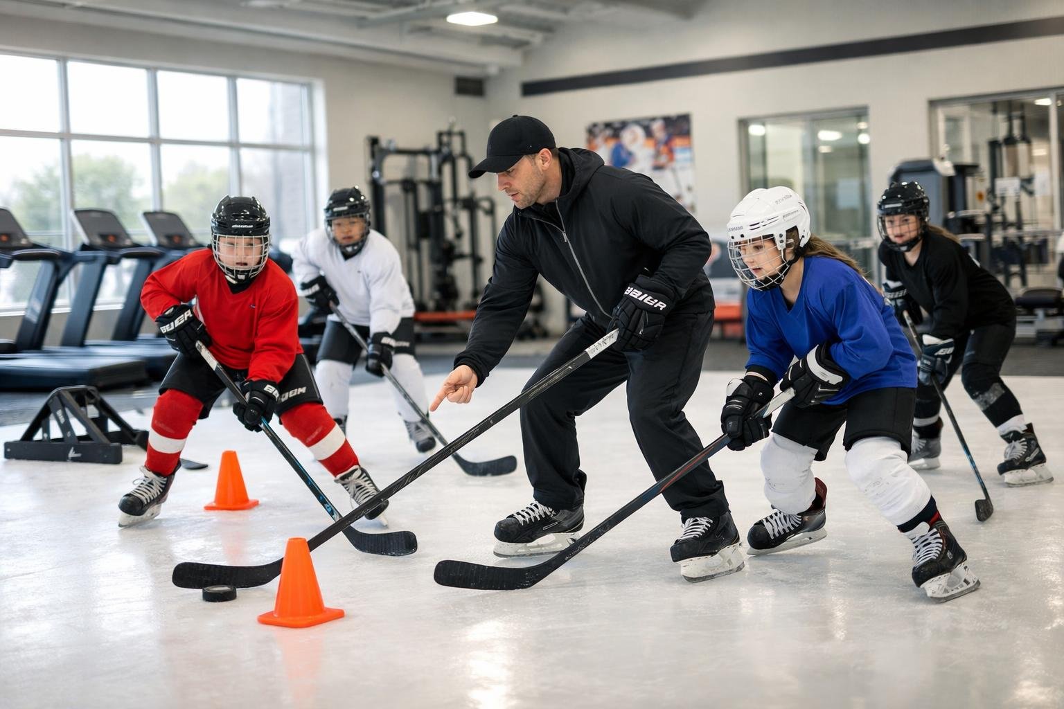 Young hockey players practicing stickhandling and skating drills indoors with a coach guiding them in a bright training facility.