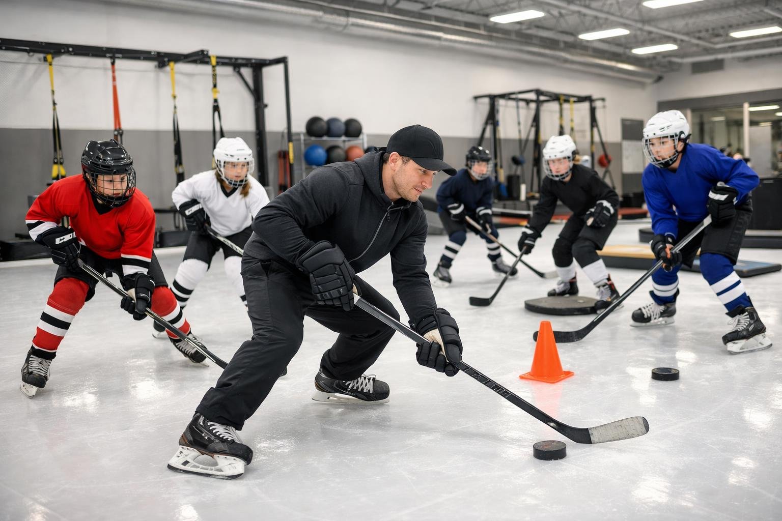 Young hockey players practicing skills on a synthetic ice surface indoors with a coach guiding them.