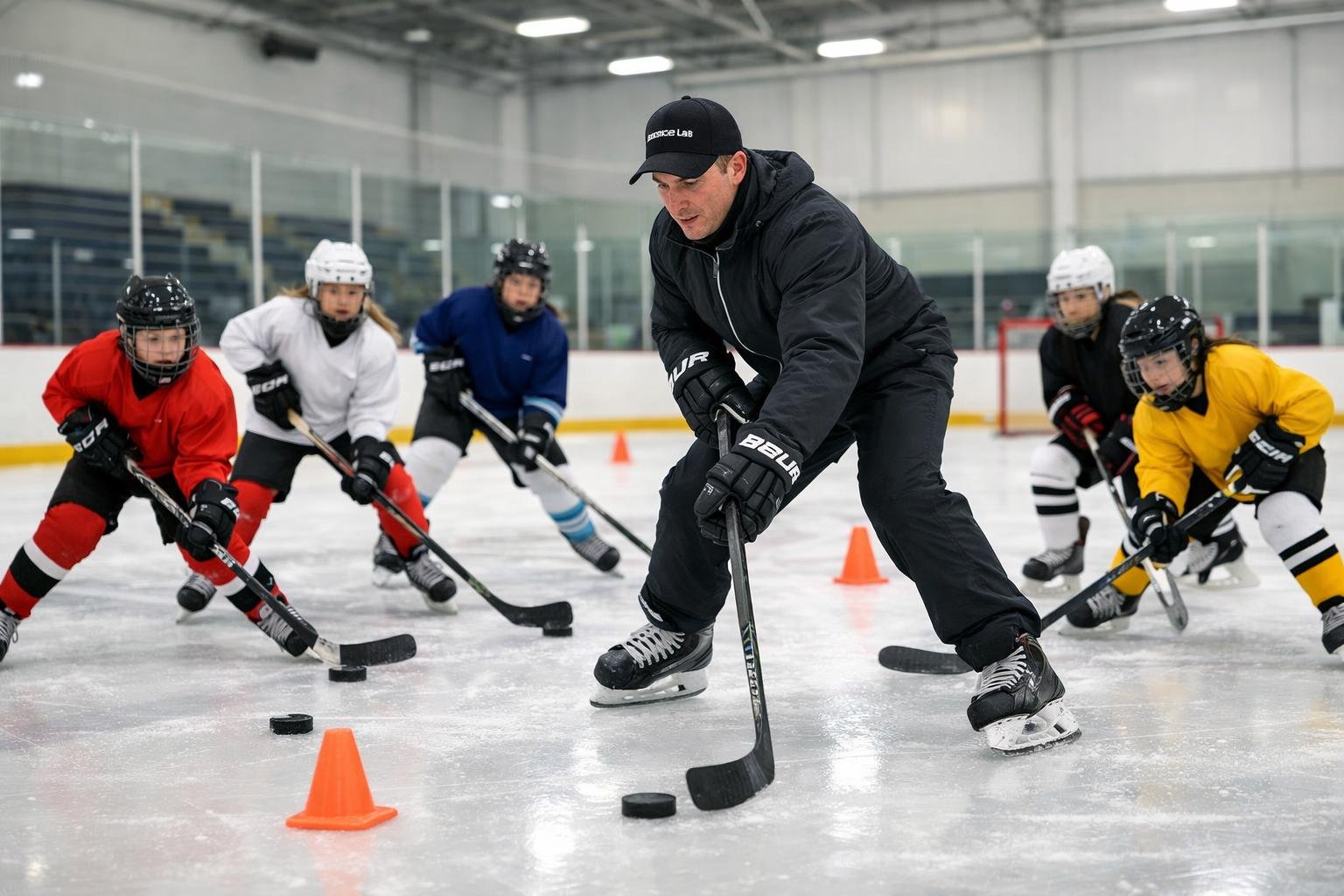 Young hockey players training on an indoor ice rink with a coach demonstrating skills.
