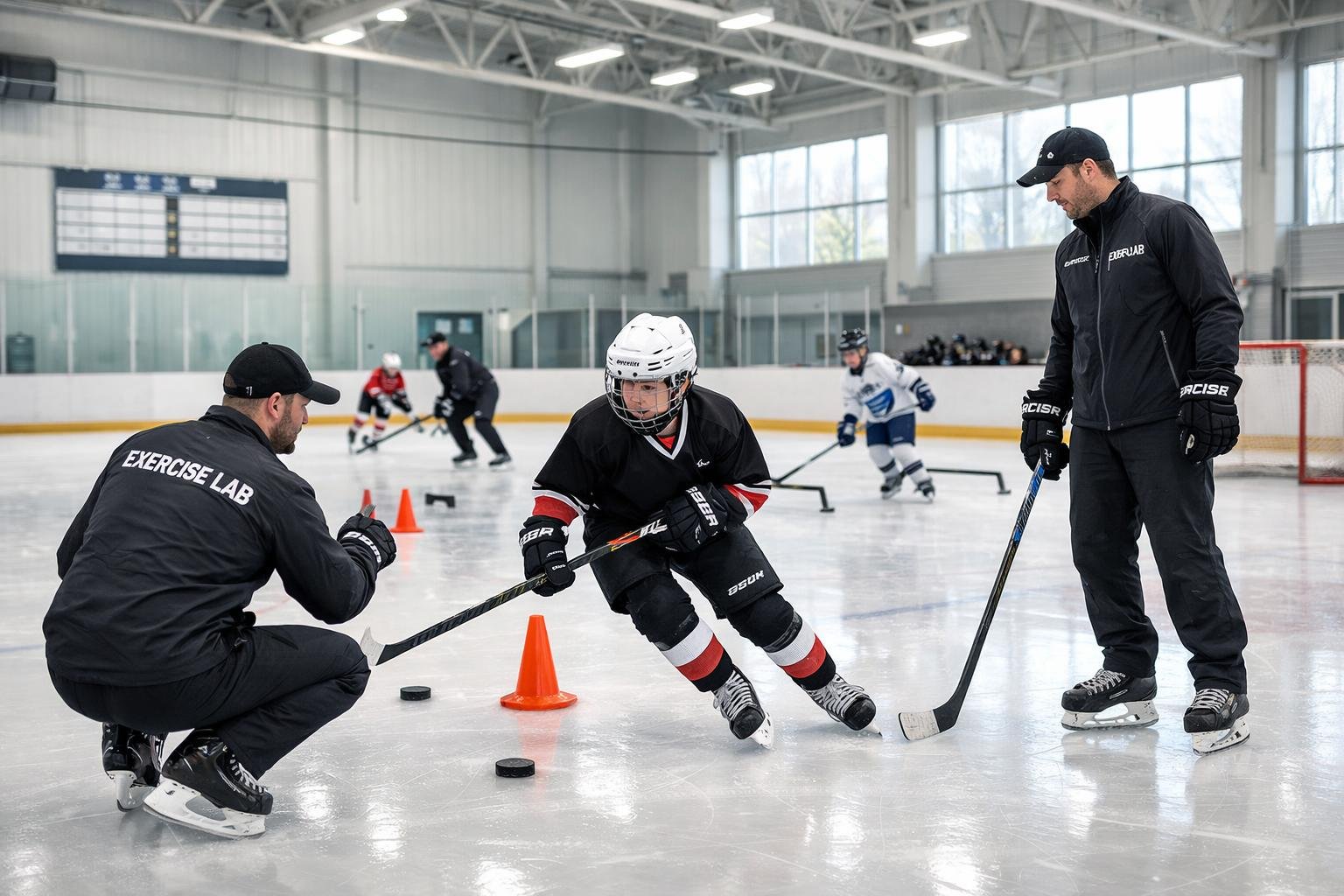 Young hockey players practicing on an indoor ice rink with coaches instructing them in a modern training facility.