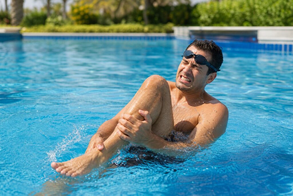 Swimmer holding a painful leg during a pool cramp